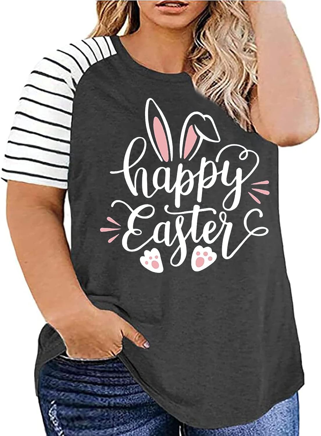 Plus Size Happy Easter for Women Bunny Rabbit Graphic Tees Funny Letter Print Short Sleeve Shirts Tops