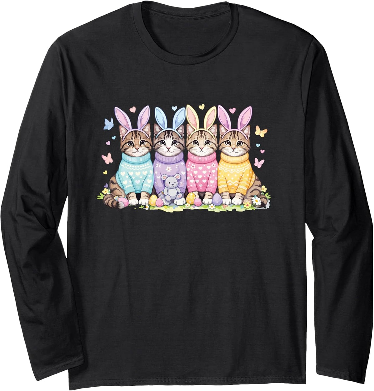 Easter Cats in Bunny Ears Cute Pastel Sweaters Spring Long Sleeve Unisex