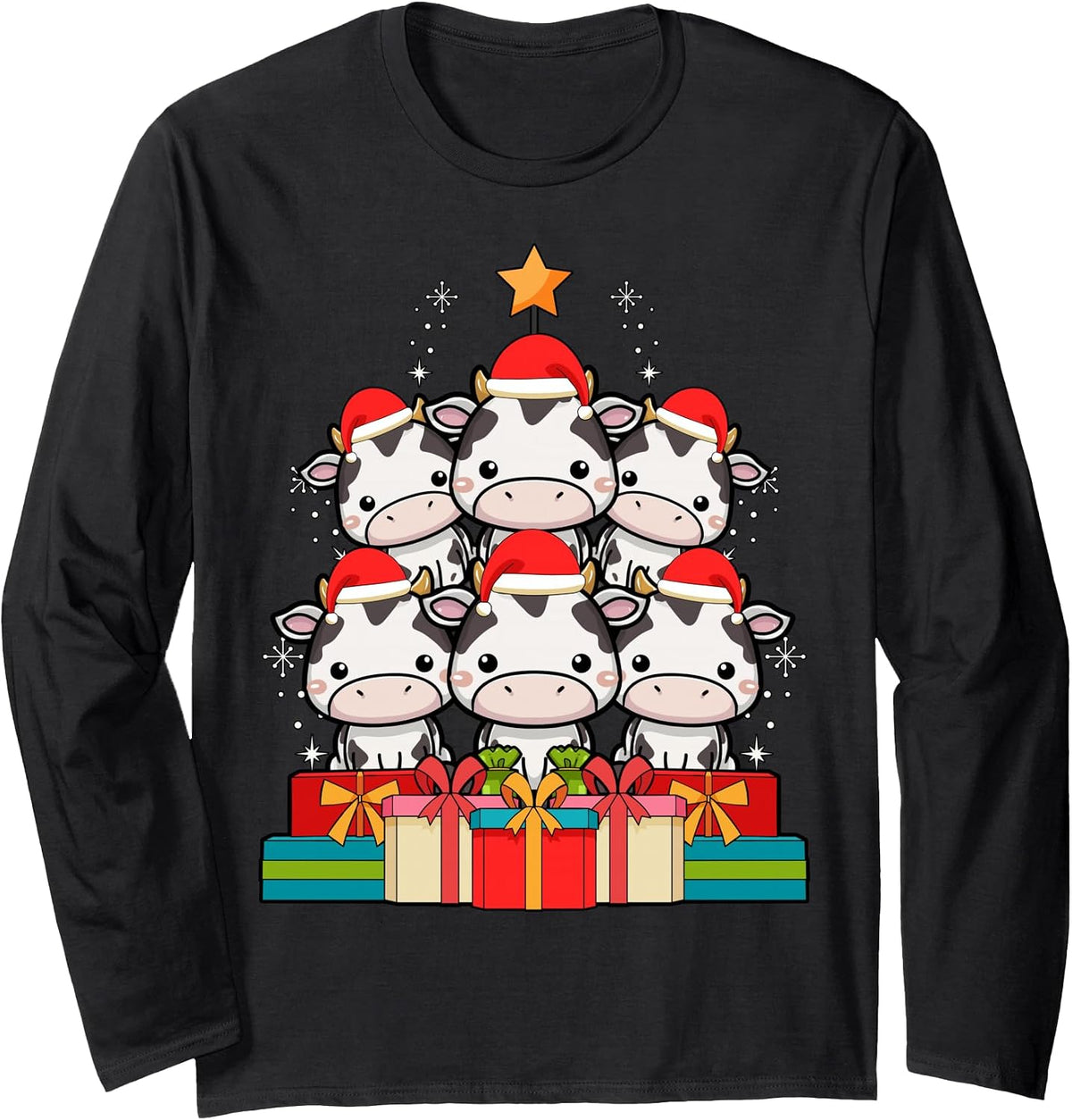 Cute Cow Pile Farm Farmer Christmas Tree Xmas Hat Long Sleeve T-Shirt