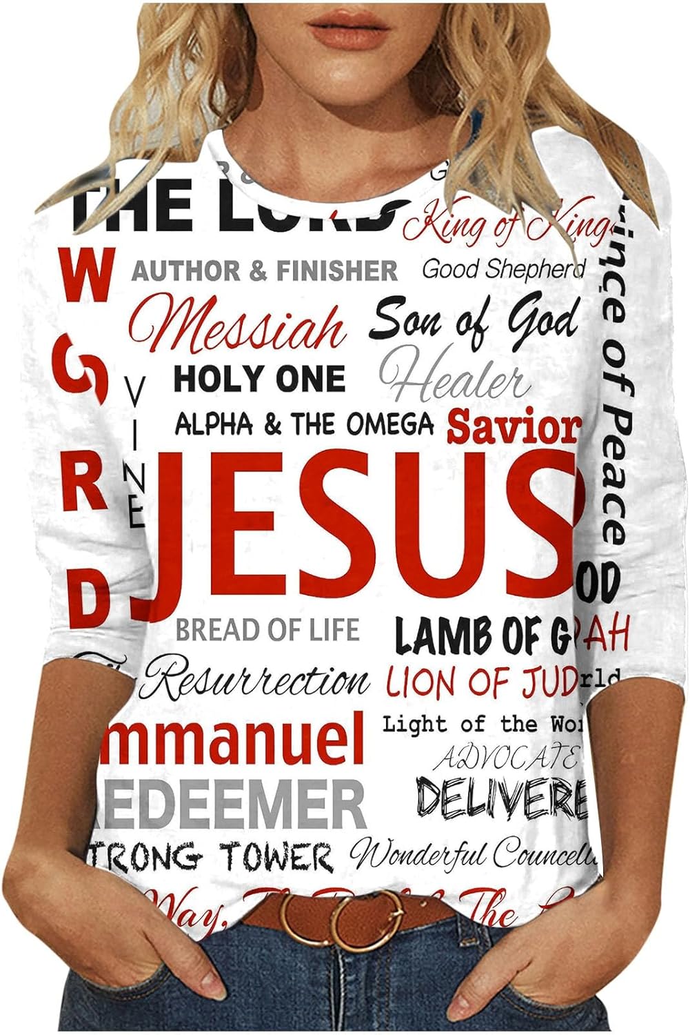 Women Easter Day Tops Jesus Cross Printed Tee Casual Christian Blouse 3/4 Sleeve Religious Blouses