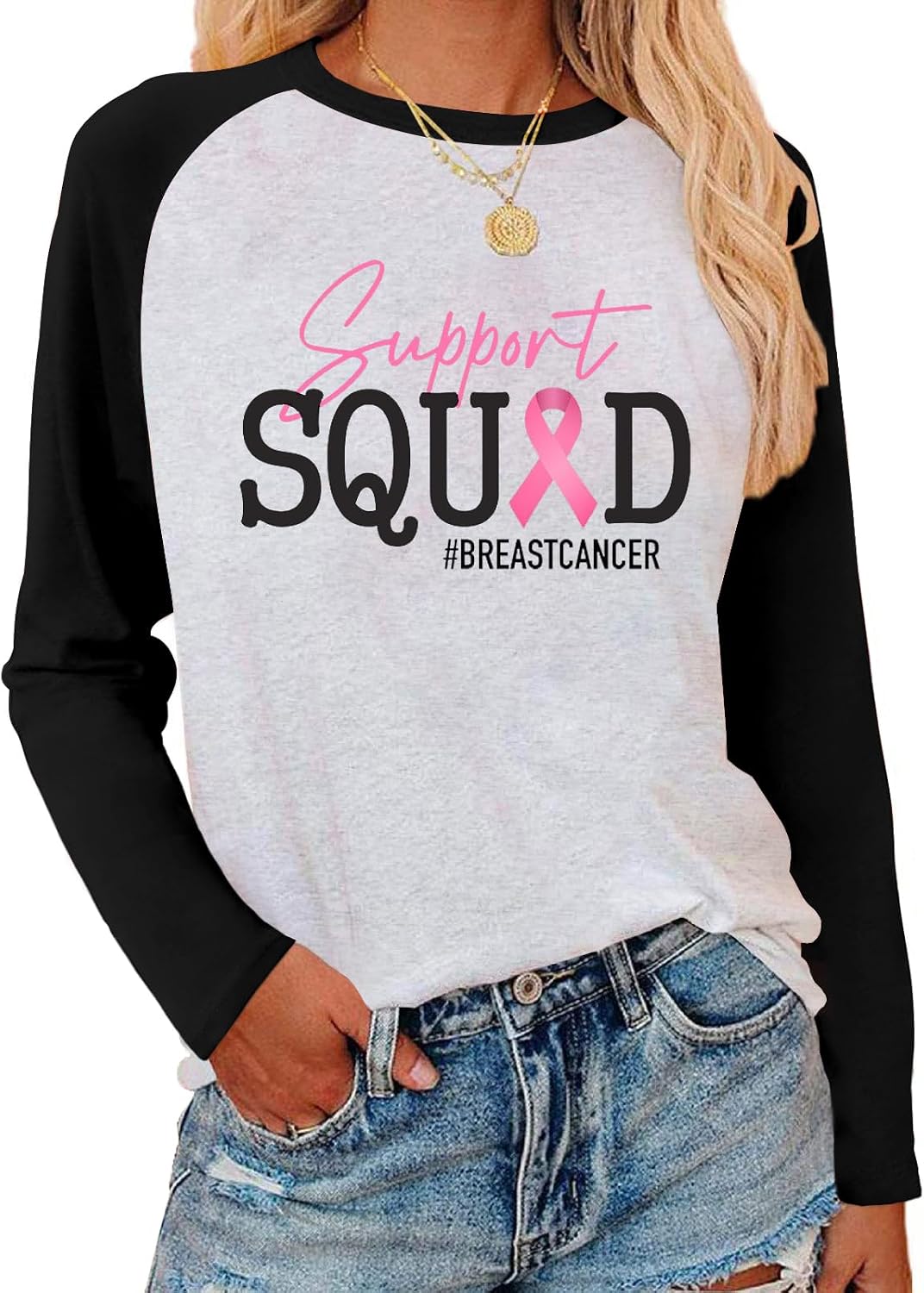 Breast Cancer Awareness Shirt Long Sleeve Pink Ribbon Womens Tee