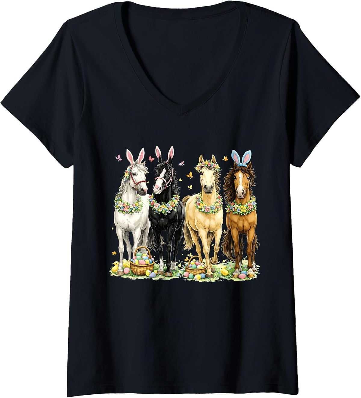 Women's Cute Easter Horse Bunny Ears Eggs Spring Floral Girls Women V-Neck Unisex