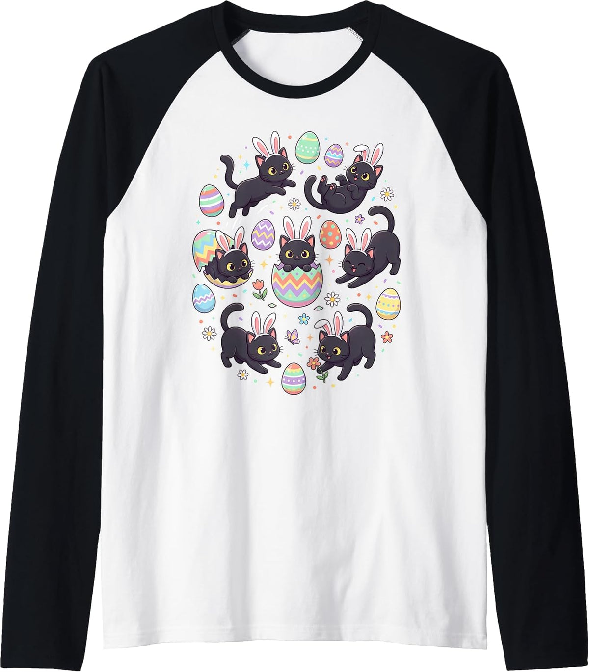 Cute Black Cat Easter Bunny Ears Kitty with Eggs Raglan Baseball Tee Unisex