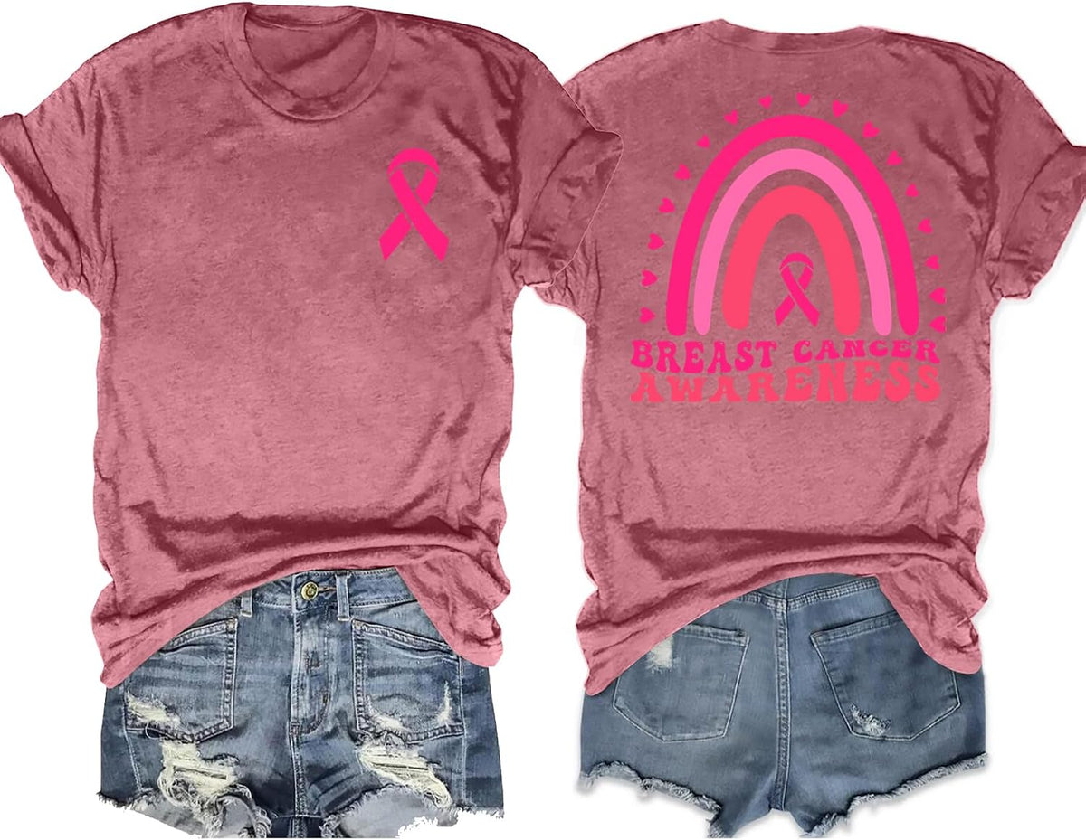 Breast Cancer Awareness Shirts Women: Pink Ribbon T-Shirt Rainbow Graphic Tee Cancer Support Short Sleeve Tops
