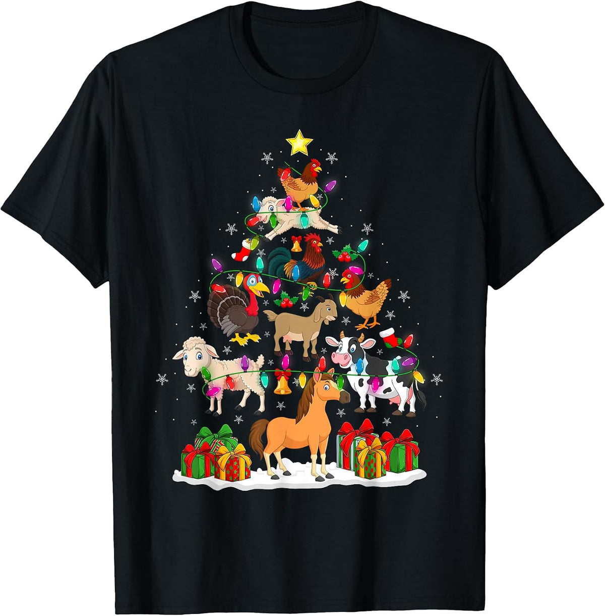 Chicken Cow Farm Animal Farmer Christmas Tree Funny Xmas T-Shirt