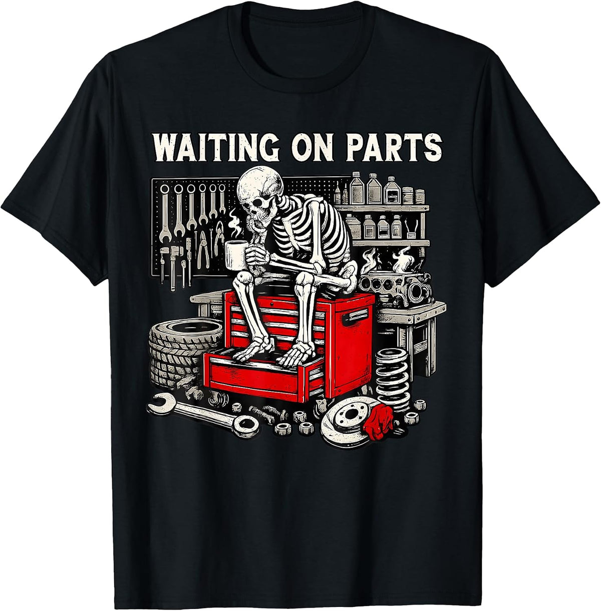 Funny Waiting On Parts Retro Mechanic Skeleton Auto Repair T-Shirt