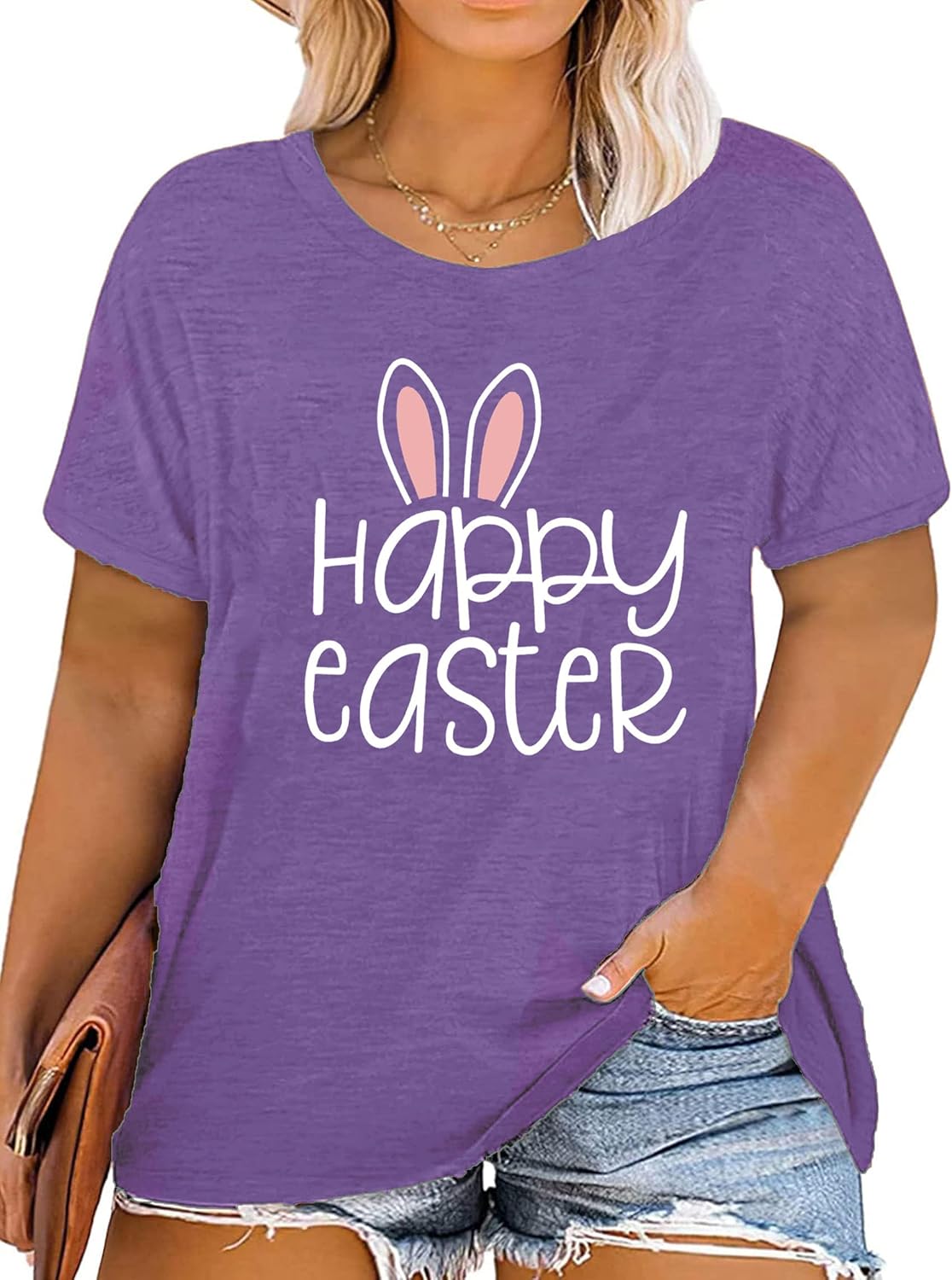 Plus Size Easter Day Shirt for Women Mama Bunny Eggs Happy Easter Printed Short Sleeve Graphic Tee Tops
