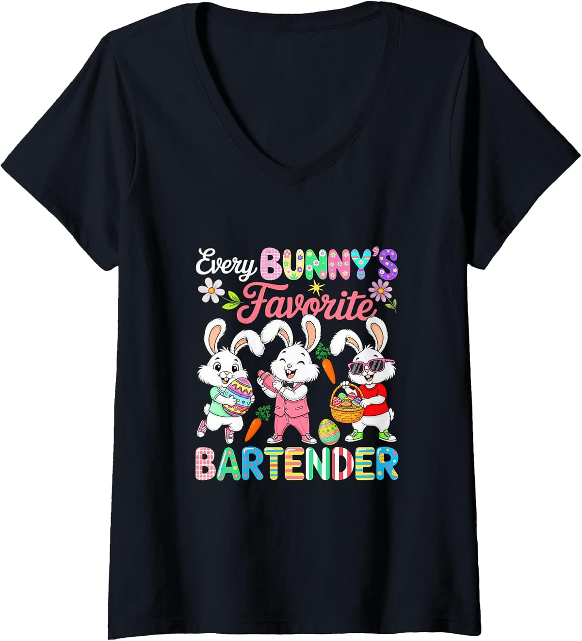 Women's Bunny's Favorite Bartender Easter Bunnies Hunting Eggs V-Neck Unisex