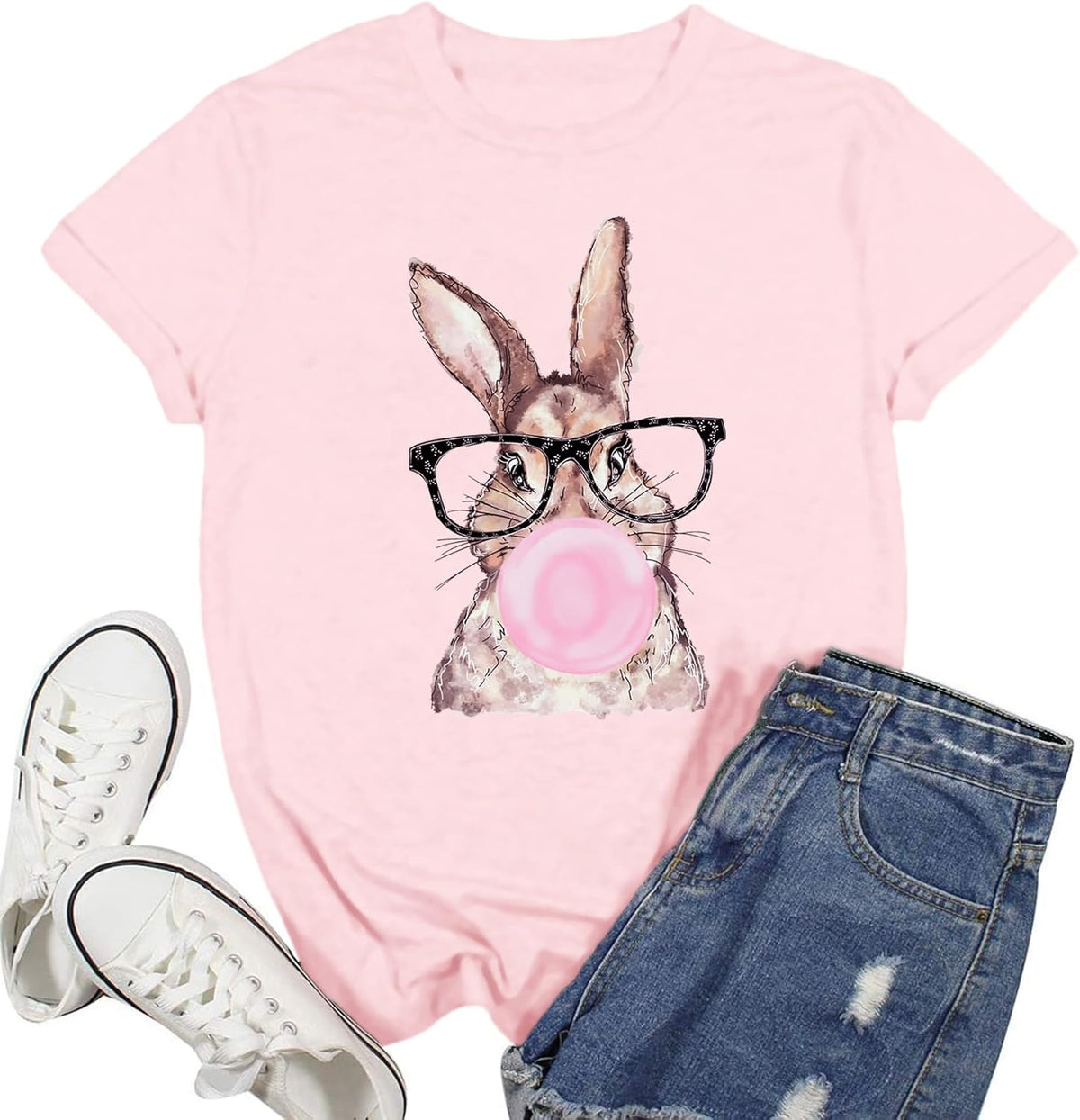 Happy Easter Shirts for Women Bunny with Leopard Glasses Floral Rabbit Tee Tops Unisex
