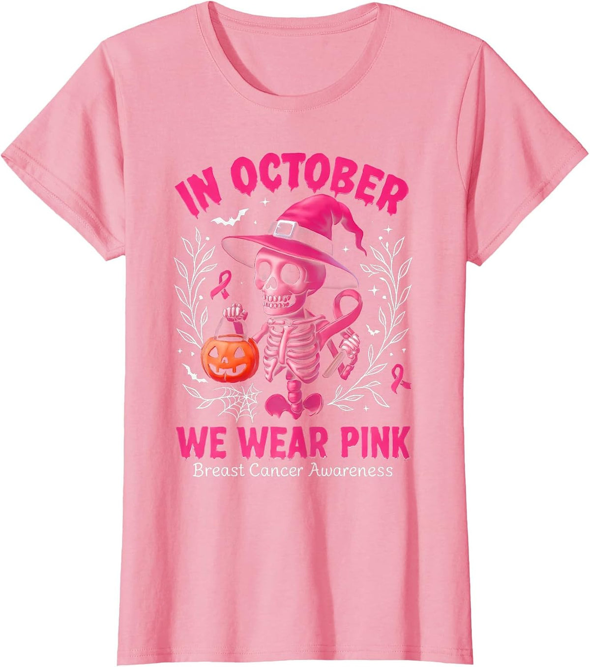 in October We Wear Pink Breast Cancer Women Girls Halloween T-Shirt