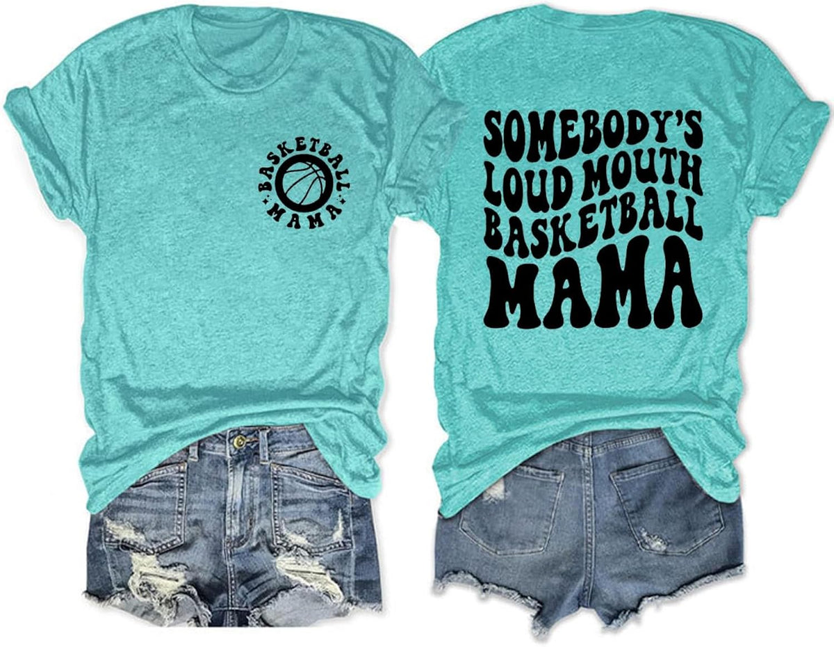 Womens Funny Basketball Mama Tee, Front and Back Design, Basketball Graphic Mom T-Shirt Short Sleeve Summer Tops