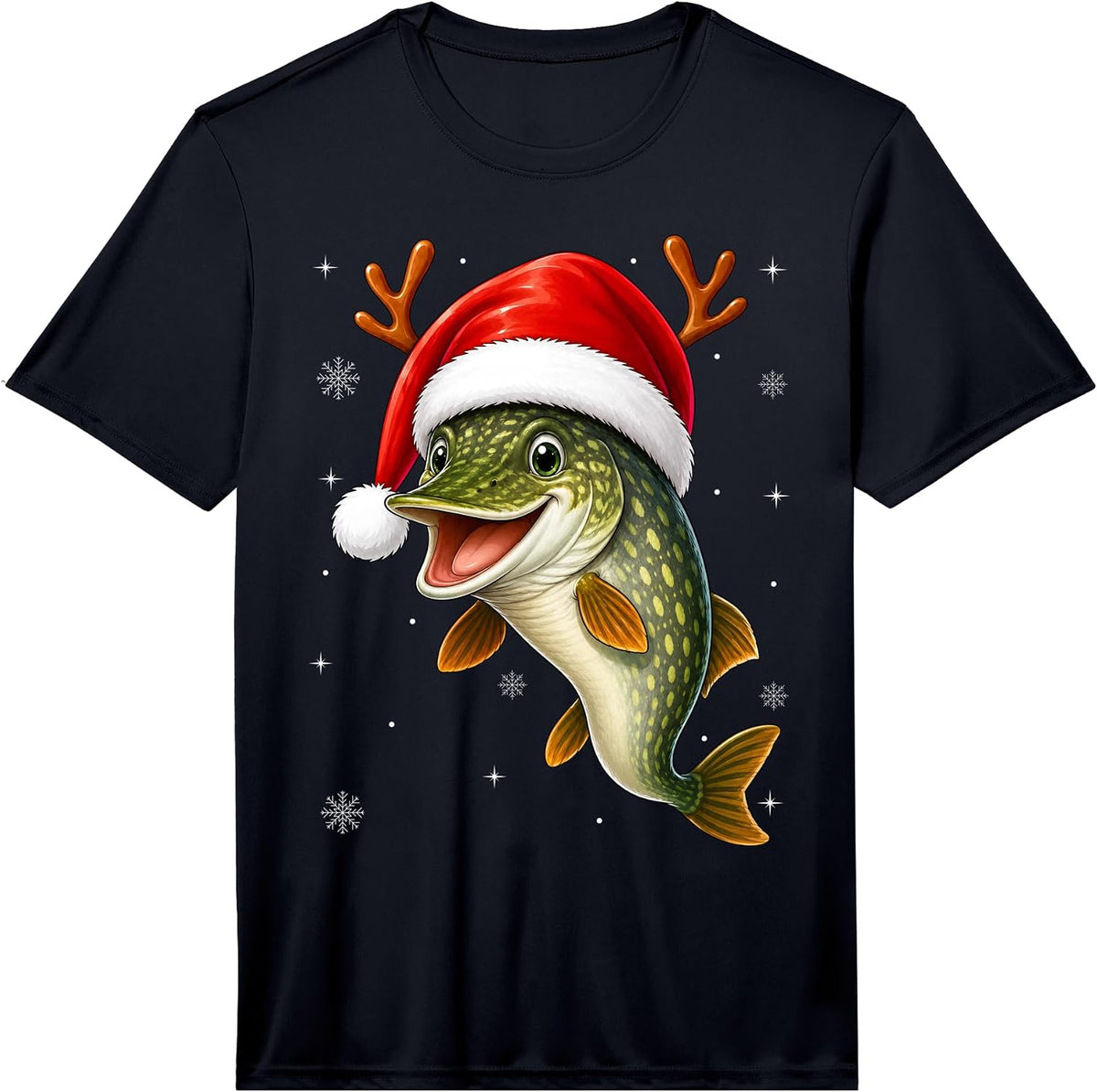Northern Pike Fish Christmas Santa Hat Festive Fishing Xmas Performance T-Shirt