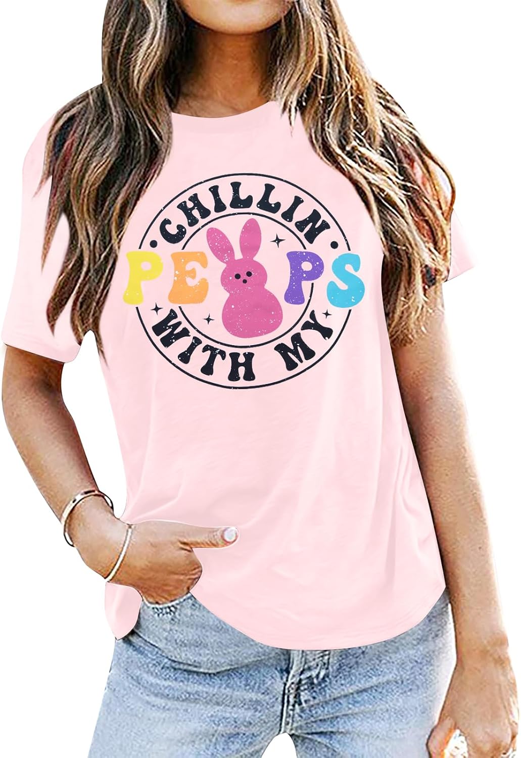 Happy Easter Shirts Bunny Outfits: Chillin with My Peeps Top Easter Graphics Short Sleeve Tops