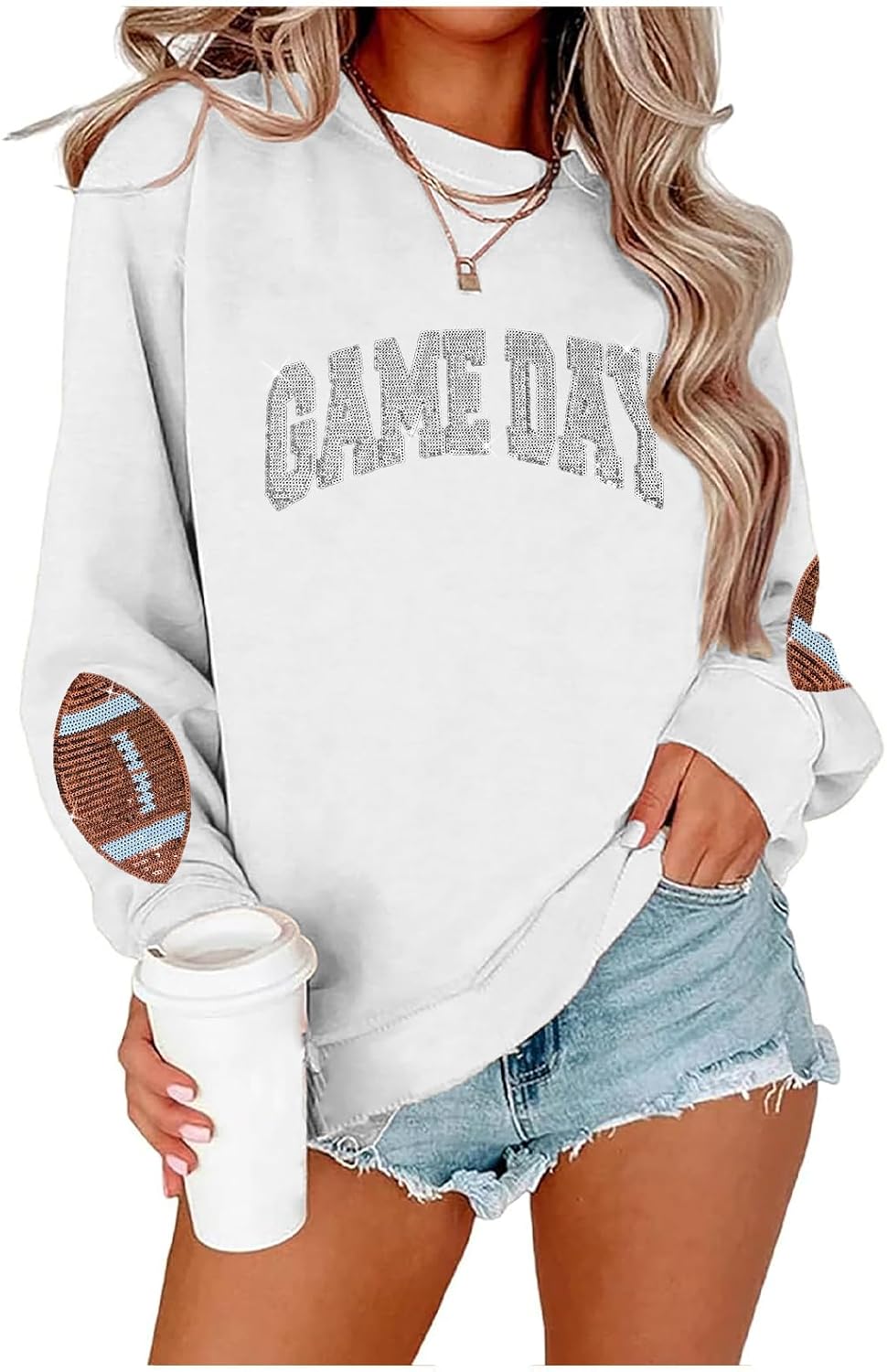 Game Day Sweatshirt for Women Sequin Football Long Sleeve Shirt