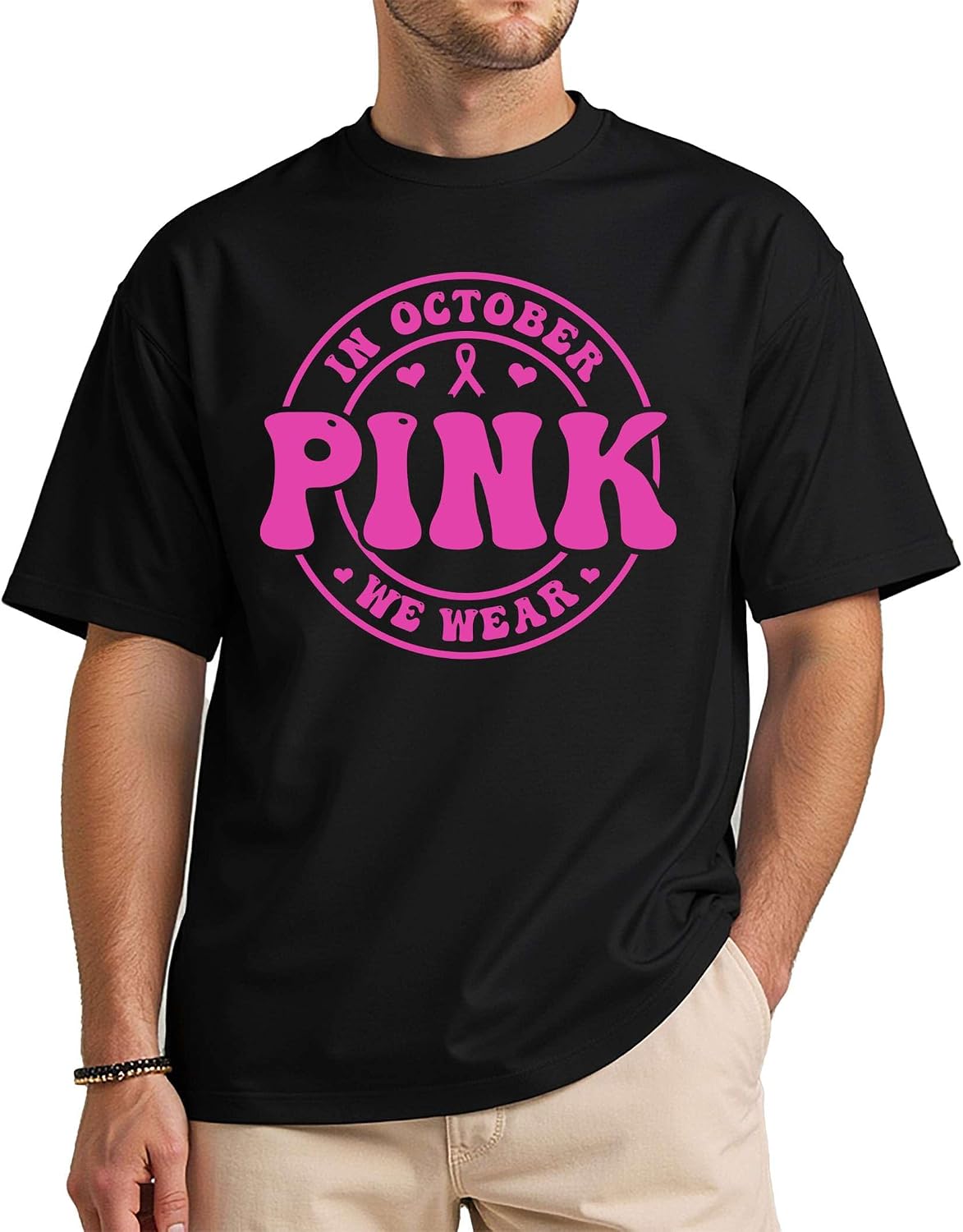 in October We Wear Pink Unisex T-Shirt – Breast Cancer Awareness Tee with Ribbon – Support Gift for Survivor Comfortable Fit