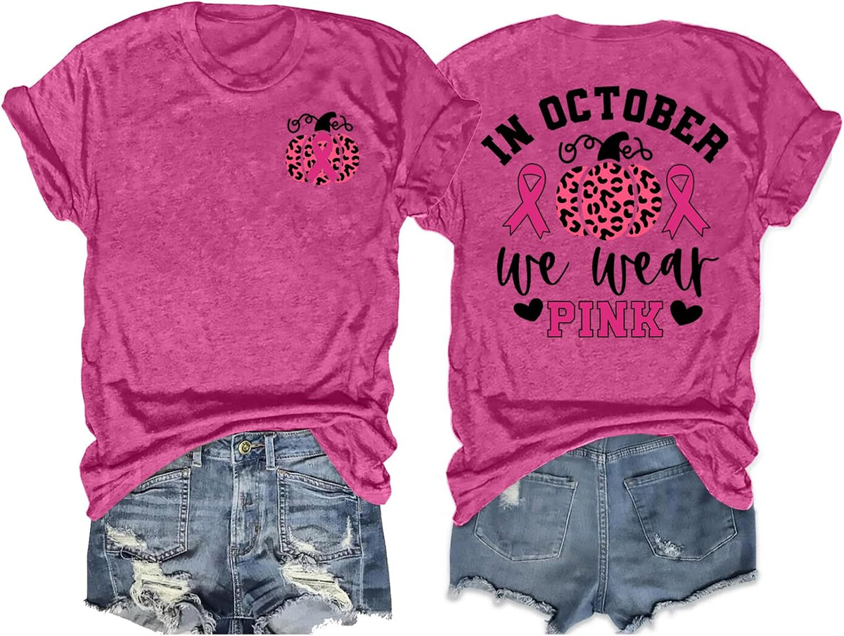 in October We Wear Pink Shirts Wome Breast Cancer T-Shirt Pink Pumpkin Tees Pink Ribbon Tshirt