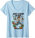 Women's Just A Mom in Her Cartoon Gardener Gardening Era V-Neck T-Shirt