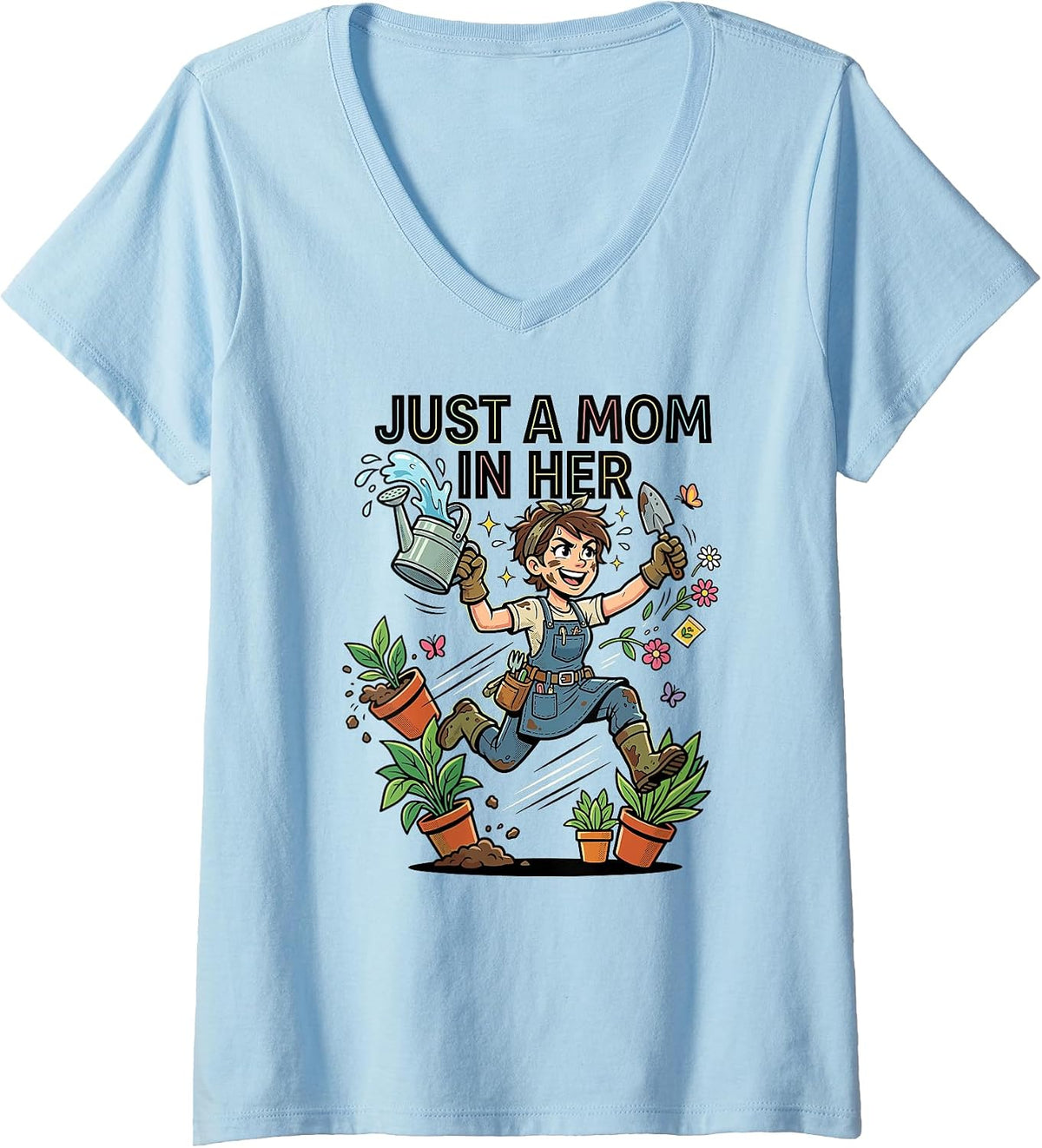 Women's Just A Mom in Her Cartoon Gardener Gardening Era V-Neck T-Shirt