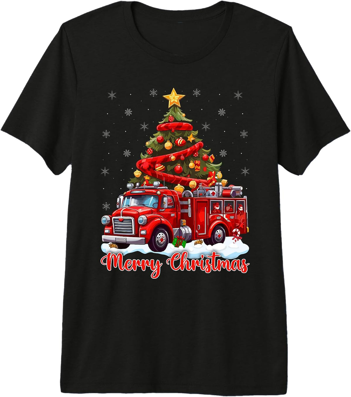 Xmas Lights Firefighter Fire Truck Christmas Tree Premium Tri-blend T-Shirt