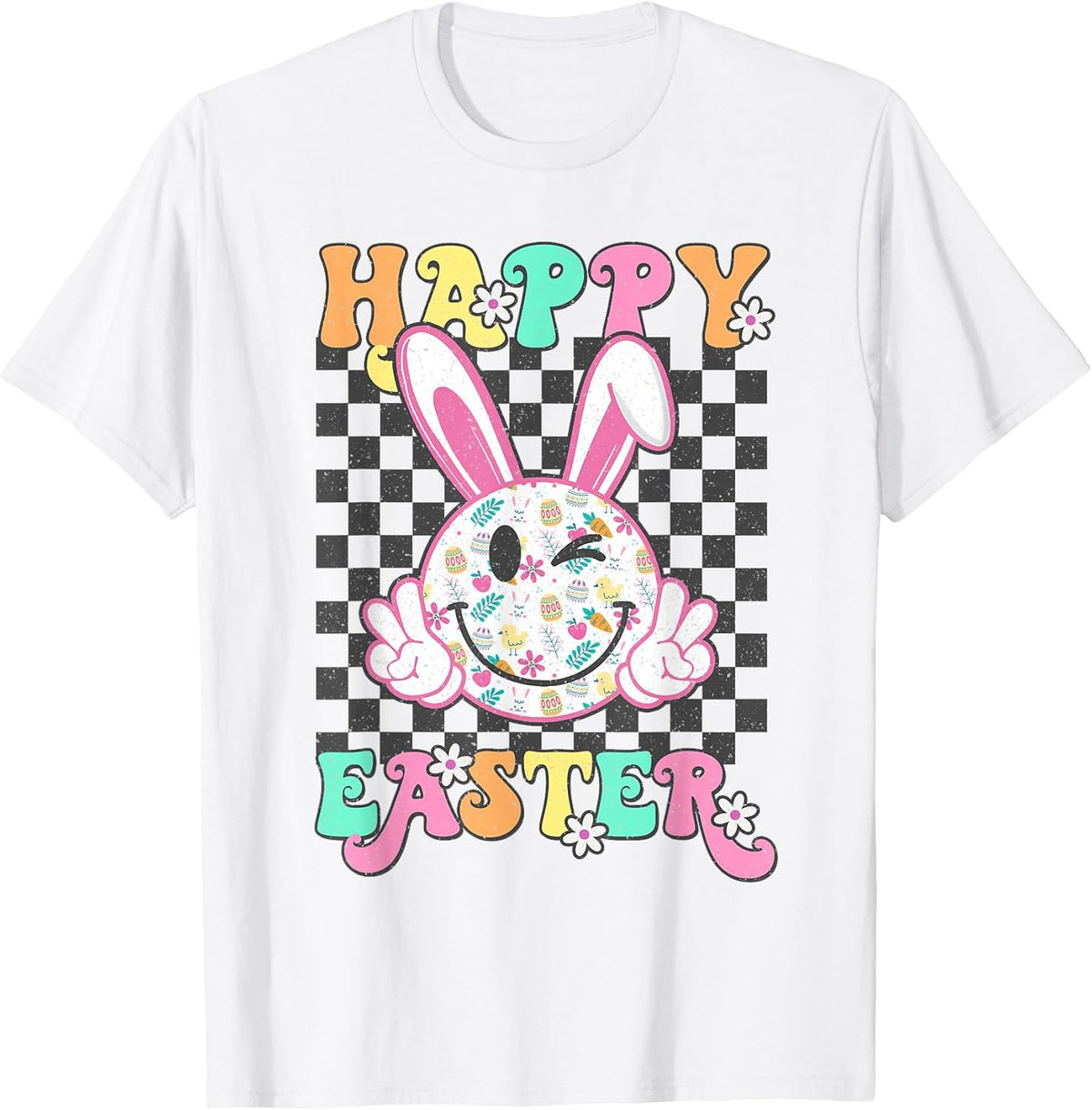 Retro Groovy Happy Easter Bunny Checkered Smile Womens Girls Unisex