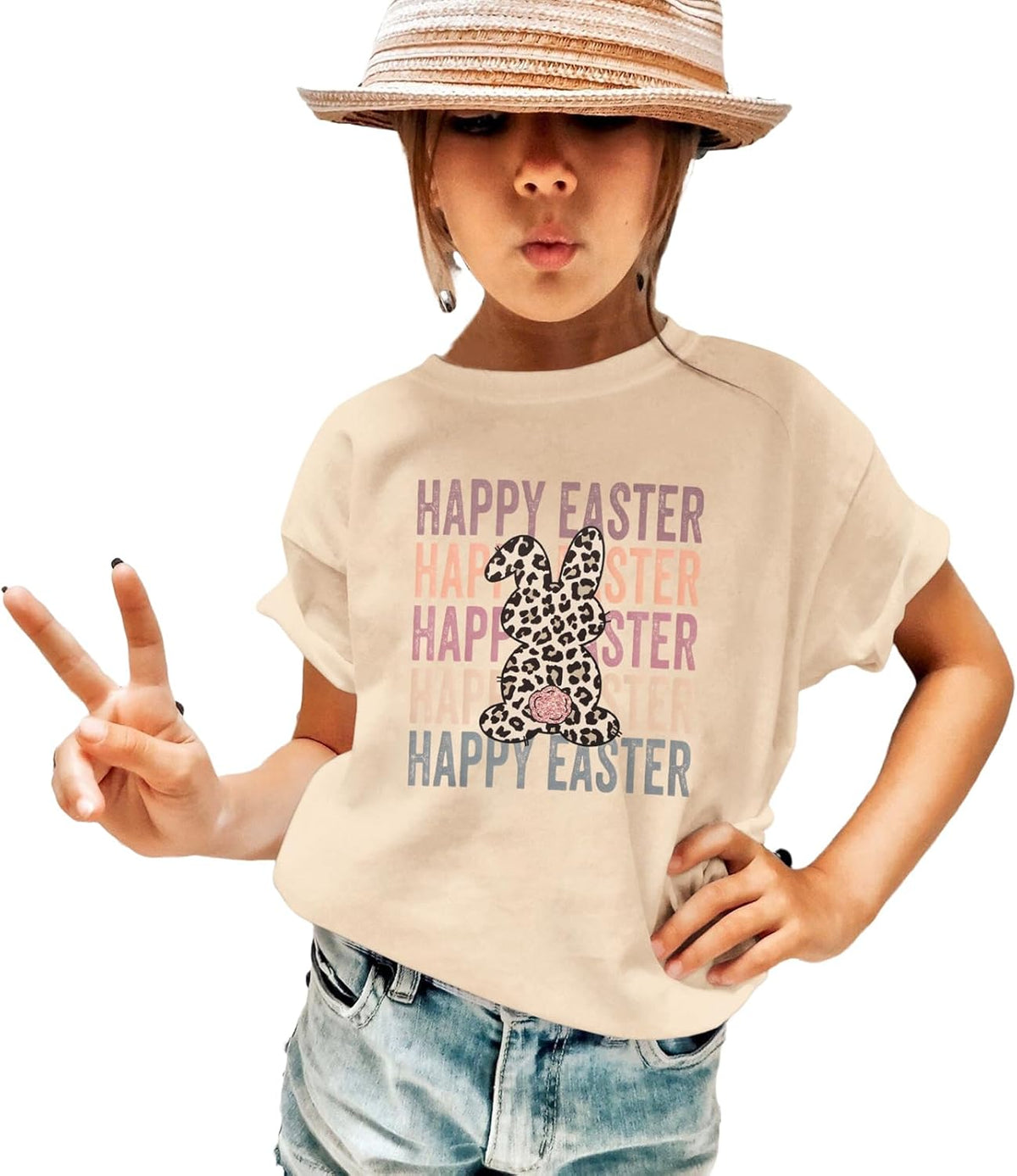 Girls Happy Easter Shirts Leopard Bunny Tshirt Cute Rabbit Outfits Kids Easter Holiday Short Sleeve Tee Tops 7-12Y