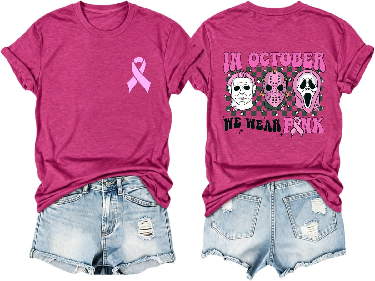 Breast Cancer Shirts for Women in October We Wear Pink Halloween Graphic Tee