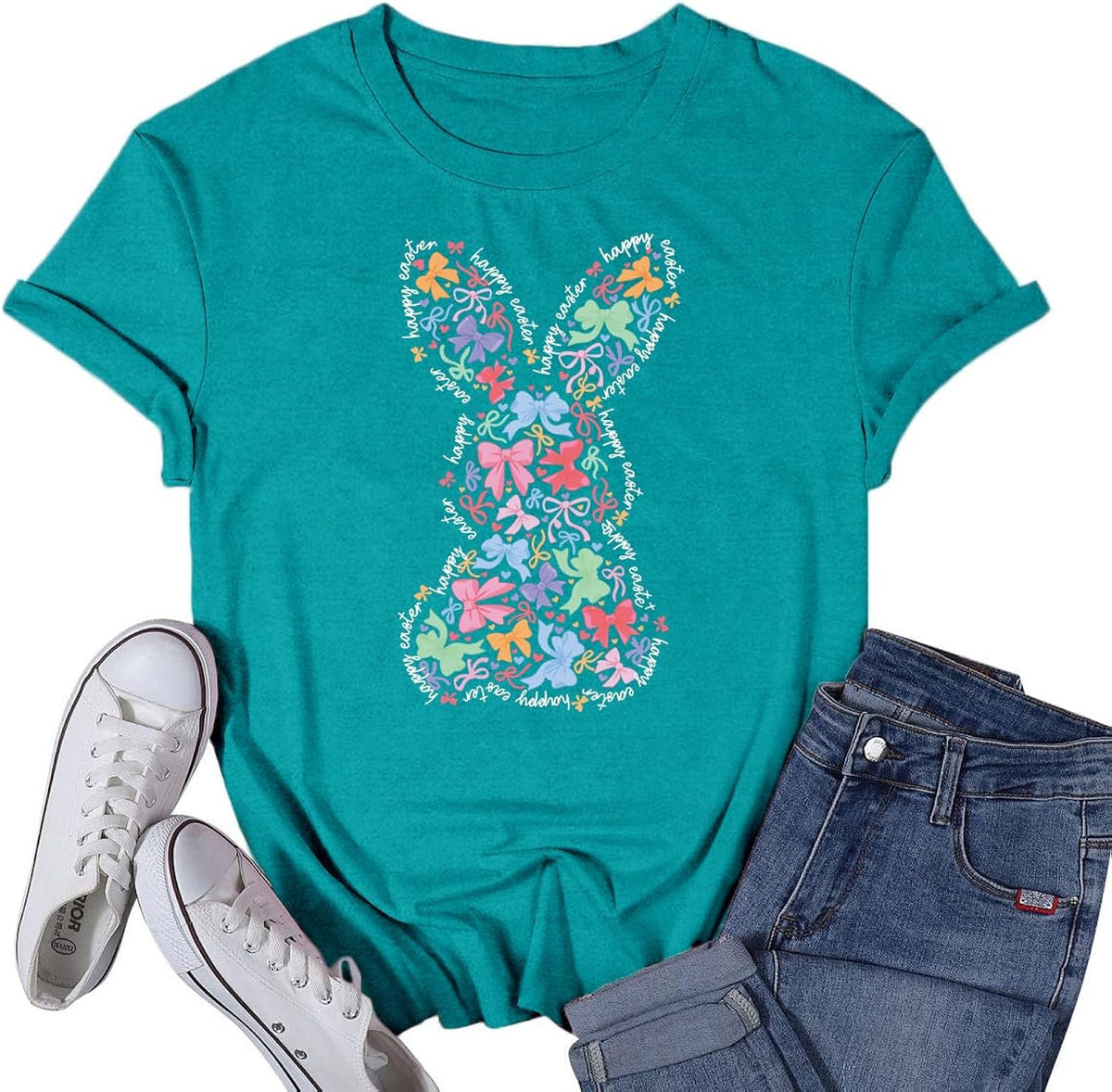 Women's Happy Easter Shirt Easter Day Bunny Bow s Christian Rabbit Jesus Tee Tops Unisex