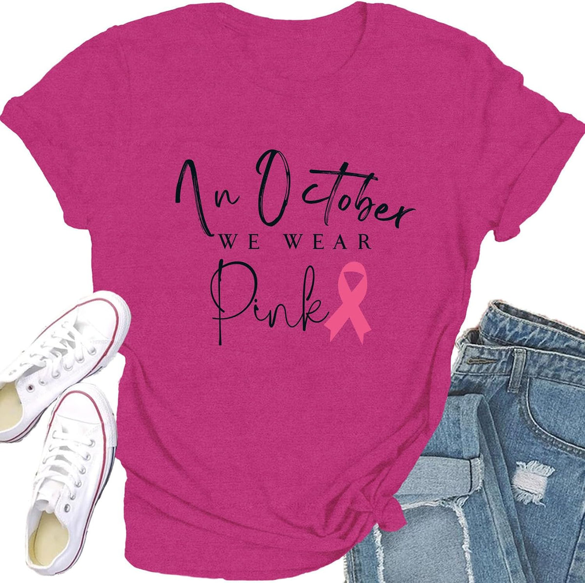 Breast Cancer Shirts for Women in October We Wear Pink T-Shirt Breast Cancer Awareness Tee Tops