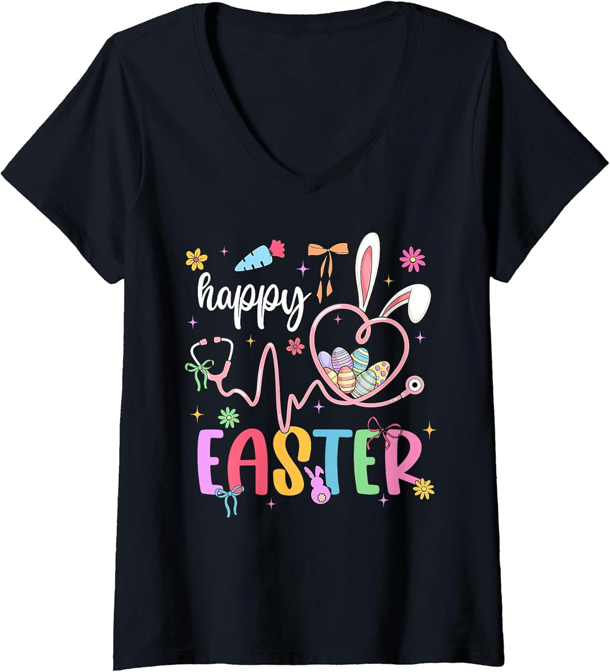 Womens Happy Easter Day Nursing Bunny Ears Egg Nurse Stethoscope V-Neck Unisex