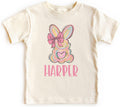 Personalized Easter Bunny - Custom Name Pastel Brushstroke Bunny with Pink Bow Tee - Cute Girls Spring Outfit