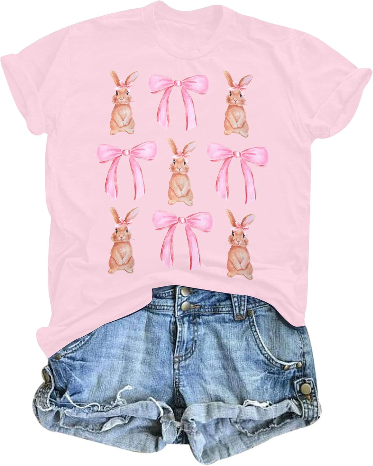 Bow Shirts for Women Coquette Aesthetic Shirts Cute Bunny Graphic Tees Trendy Pink Bow Ribbon Short Sleeve Tee Tops