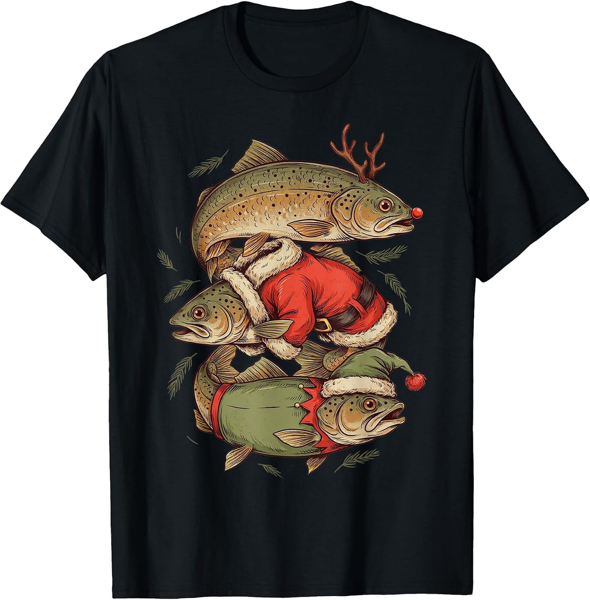 Christmas Fishing Reindeer Santa Elf Bass T-Shirt