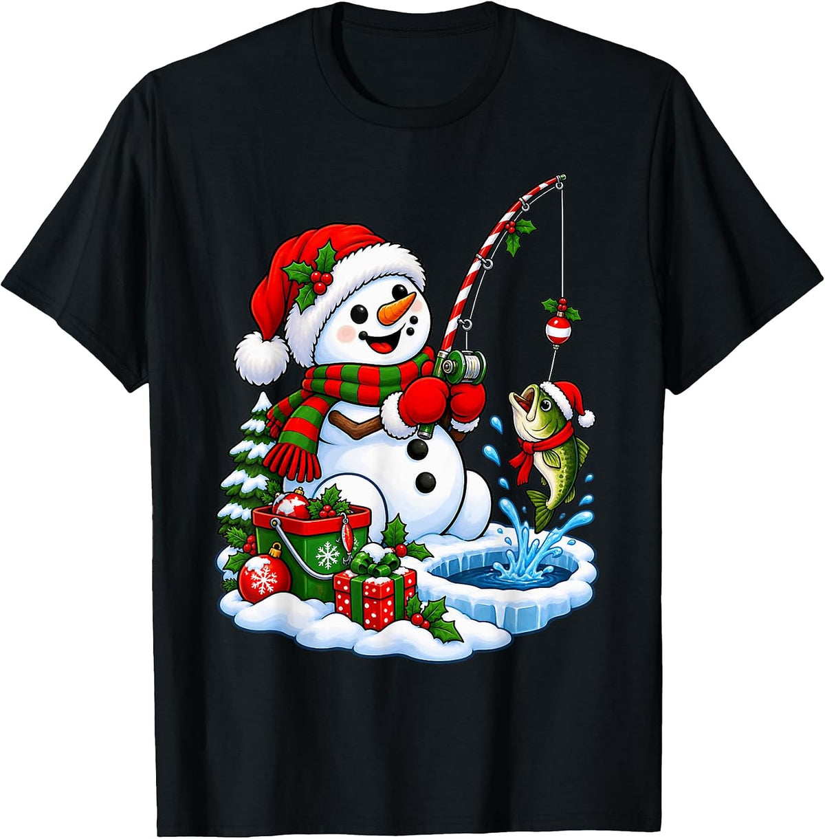 Snowman Fishing Funny Winter Bass Christmas T-Shirt