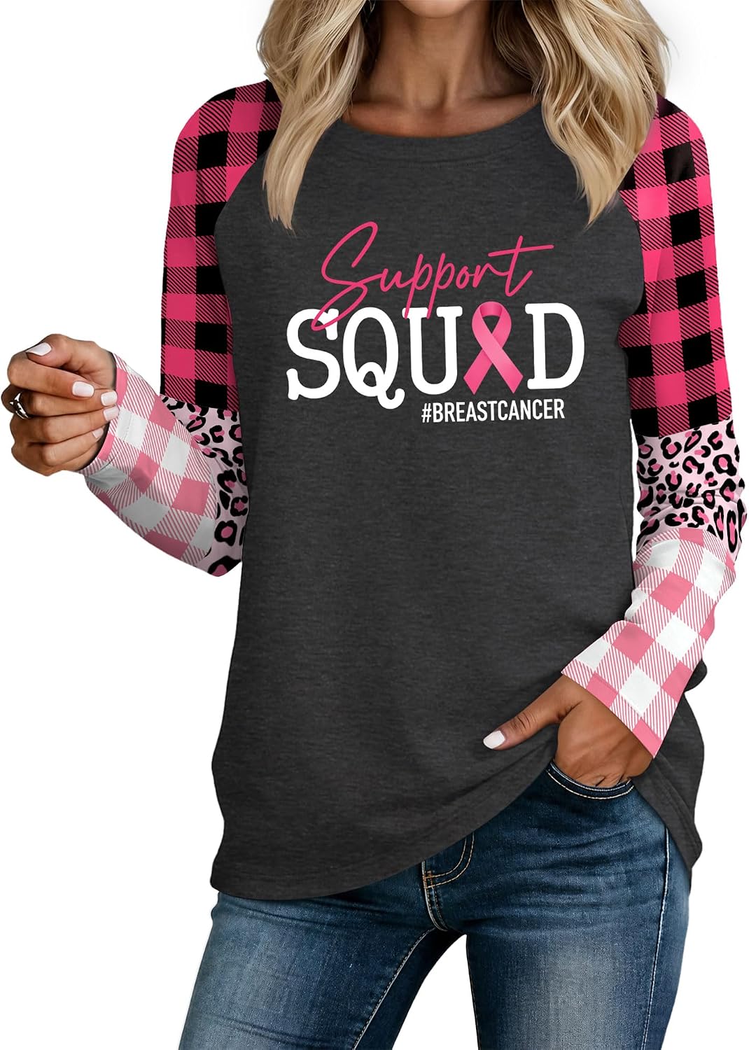 Breast Cancer Shirts for Women Pink Awareness Raglan Long Sleeve Tees