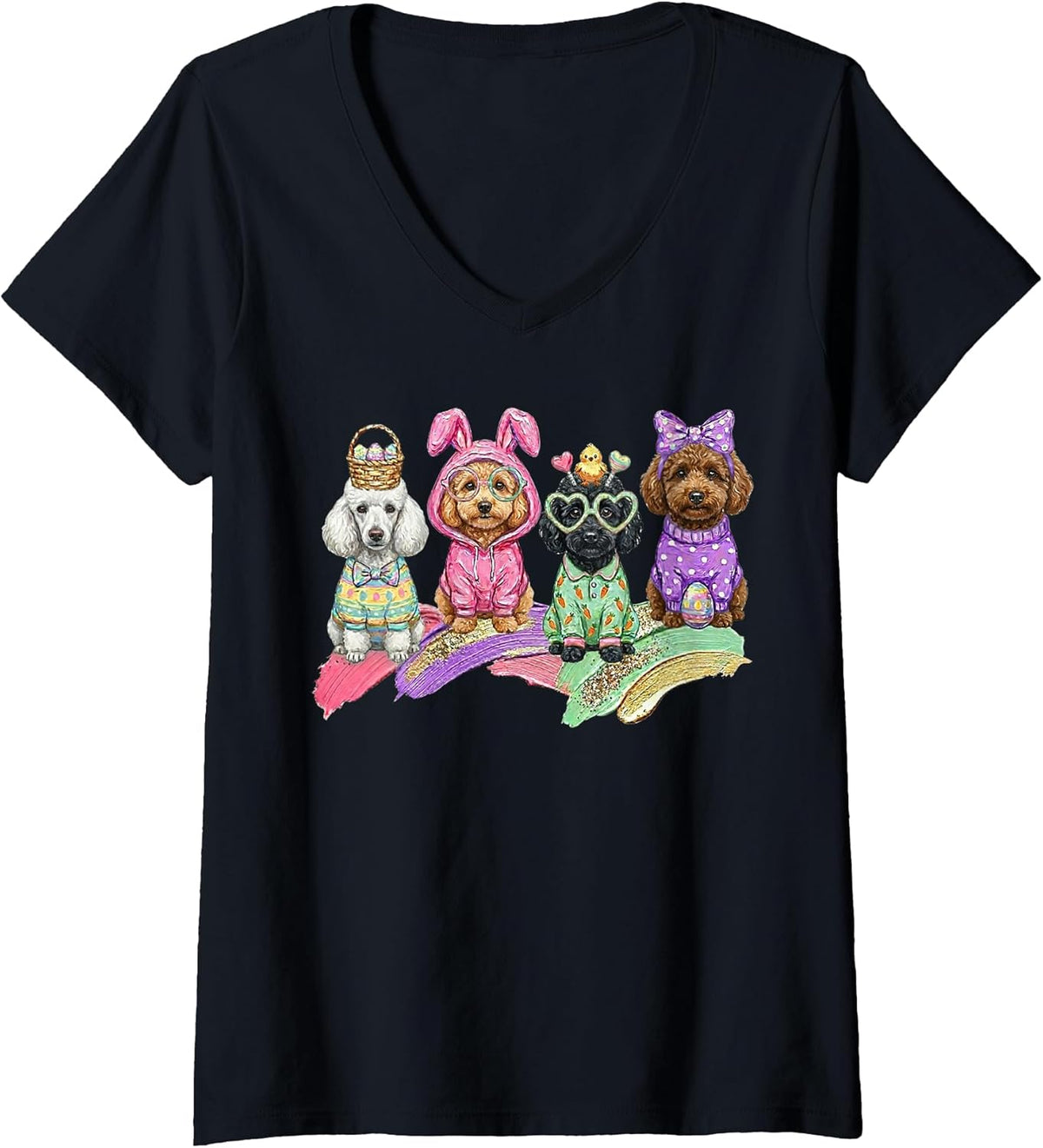 Women's Easter Day Poodle Dog Outfit Bunny Ears Egg Spring V-Neck Unisex