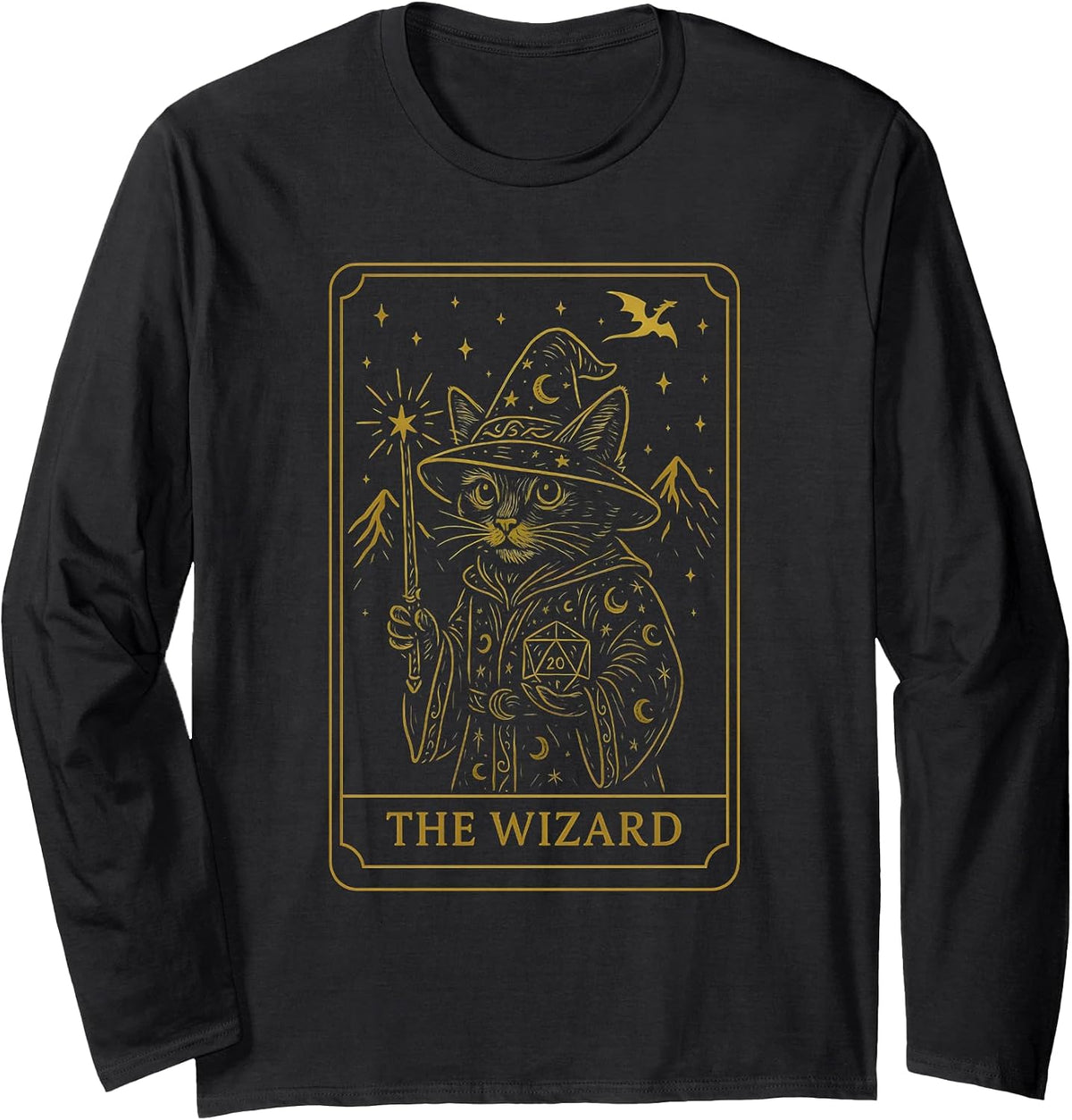 RPG Gamer Wizard D20 Dice Nerdy Geek Cat Men Women Kids Long Sleeve T-Shirt