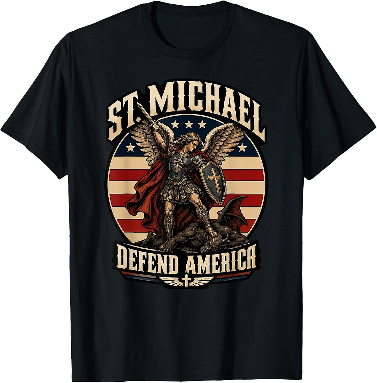 St Michael Defend America Vintage Christian Warrior Patriot T-Shirt