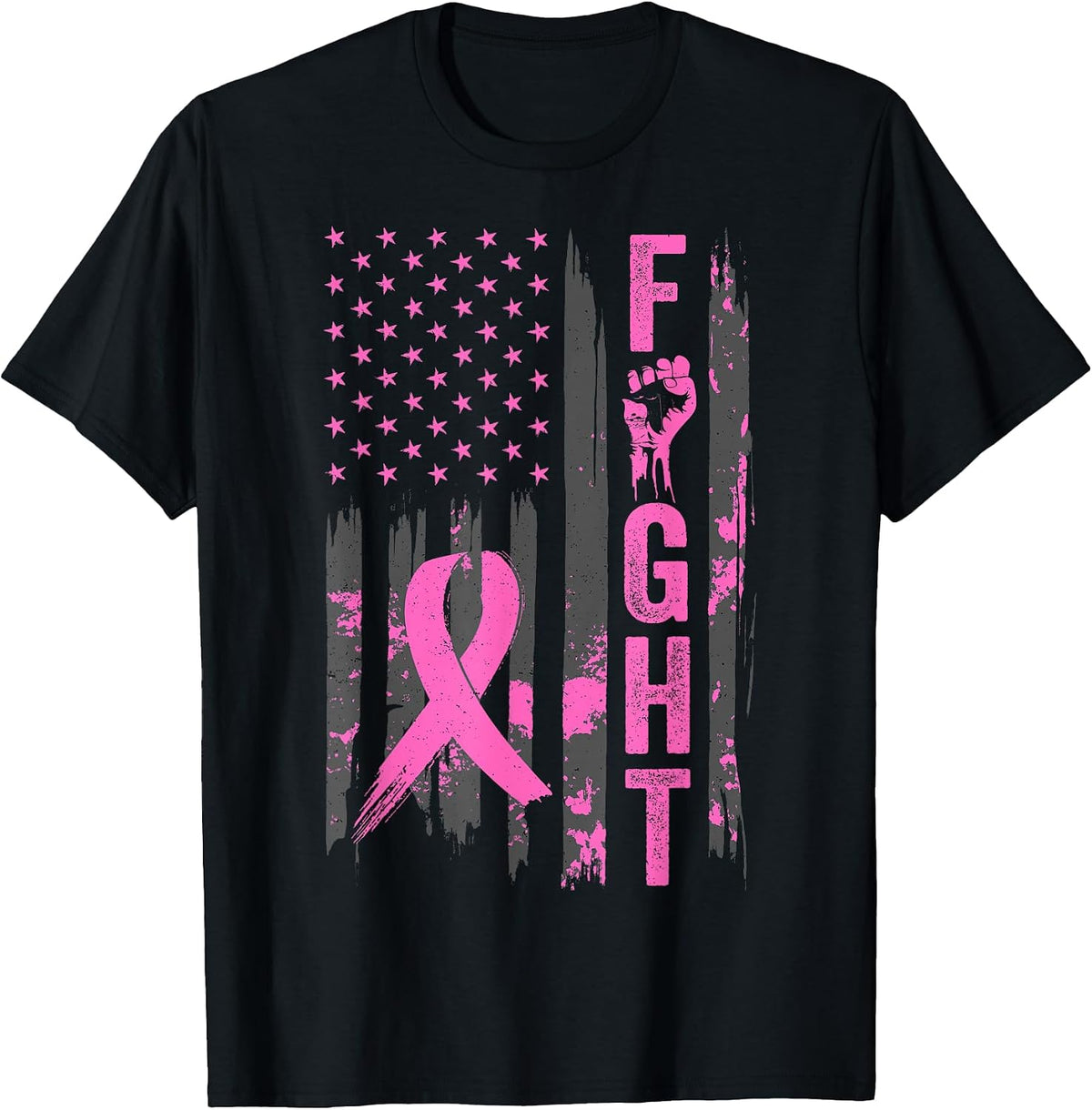 Fight USA Flag Breast Cancer Awareness Patriotic Pink Ribbon T-Shirt