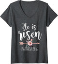 Womens He is Risen Floral Arrow Easter Christian Women Teen Girls V-Neck Unisex