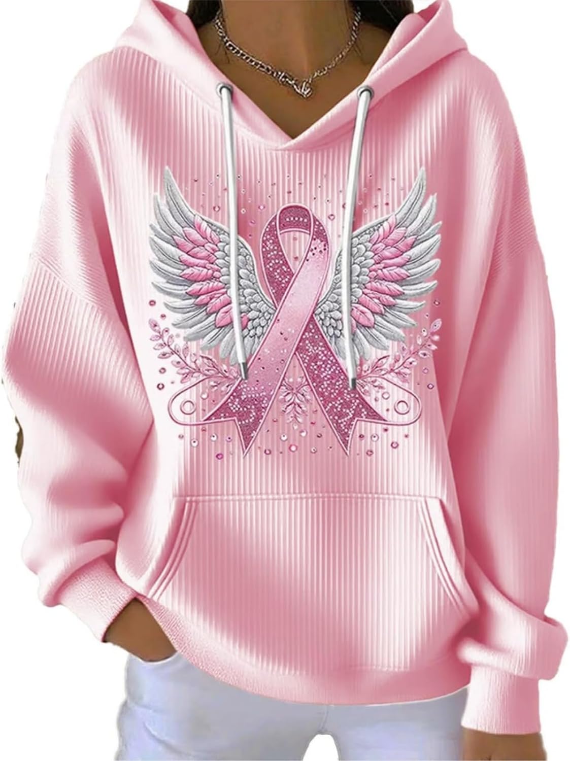 Breast Cancer Sweatshirt For Women,Breast Cancer Awareness Pink Ribbon Angel Wings Sweatshirt Support Survivor Hoodie