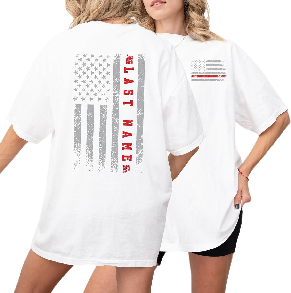 Custom Unisex Last Name Firefighter 911 Dispatcher Sweatshirt Hoodie & T-Shirt - Personalized Red Yellow Line US Flag Fireman