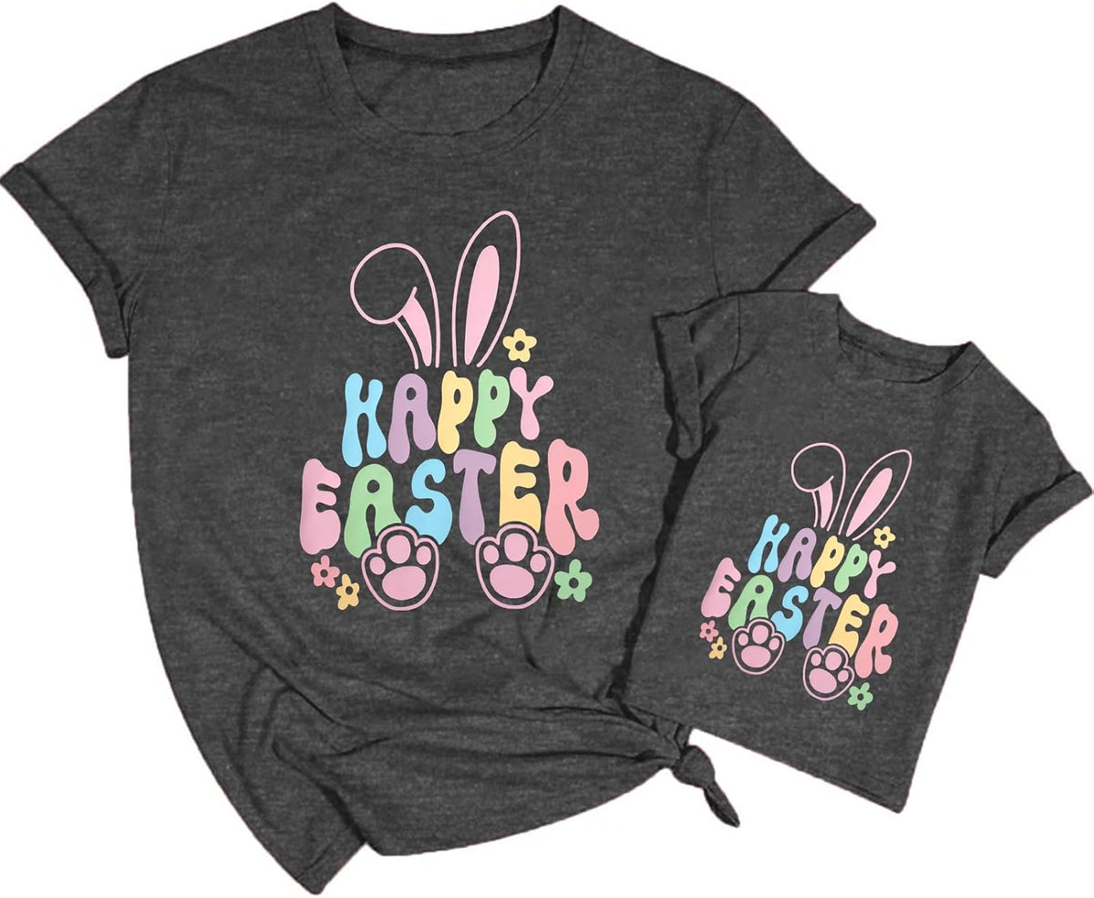 Mommy and Me Easter Outfits Happy Easter Egg Graphic Shirt Cute Easter Bunny Tees Easter Day Mama Kids Family Matching Shirt
