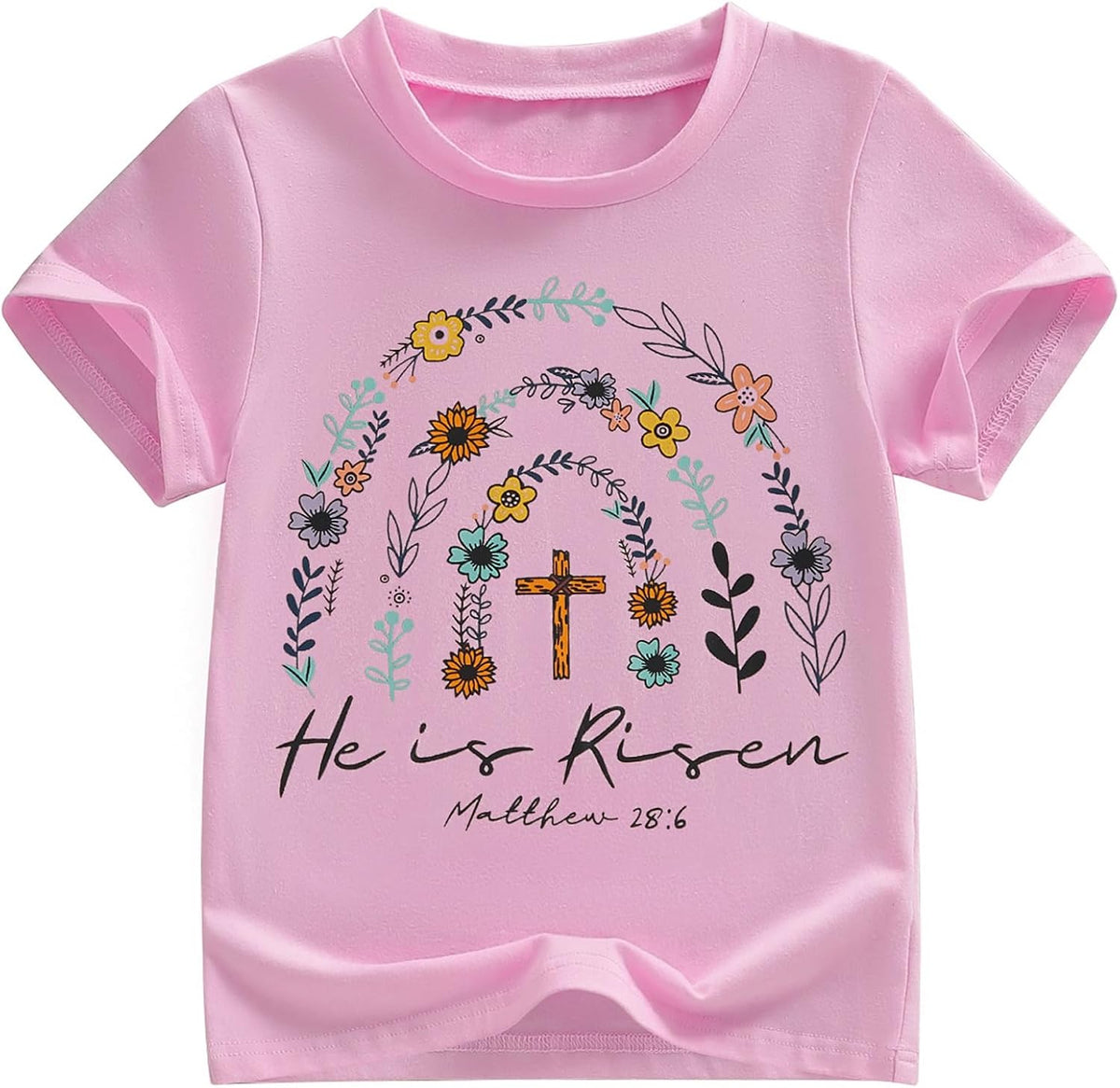 Kids Toddler Little Girls Easter Shirt He is Risen Bible Verse Christian Flowers Cross Religious