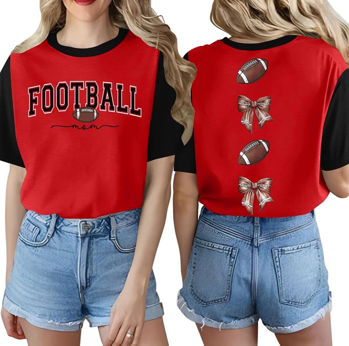 Football Shirts for Women Game Day Football Mom Tshirt Soccer Lover Bow Graphic Tee Shirt