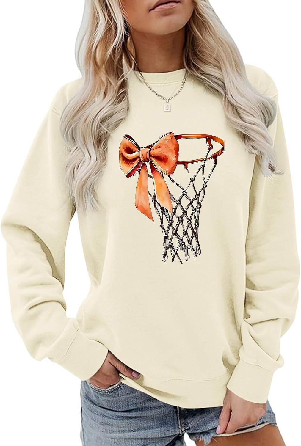Basketball Crewneck Sweatshirt for Women Game Day Sweatshirts Bow Graphic Long Sleeve Pullover Gameday Themed Gifts