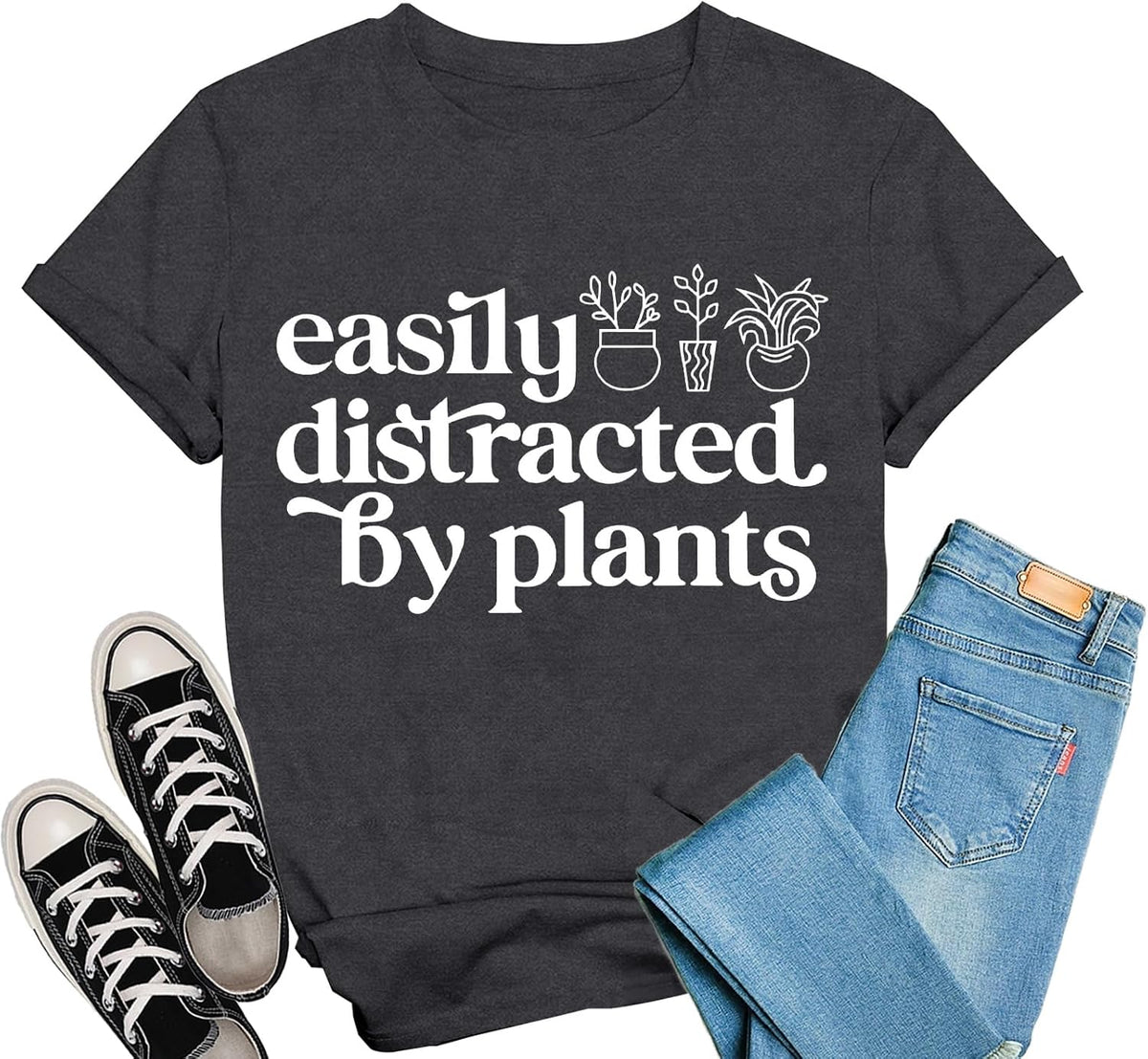 Gardening Shirts for Women Plants Life T-Shirt Easily Distracted by Plants Tee Tops