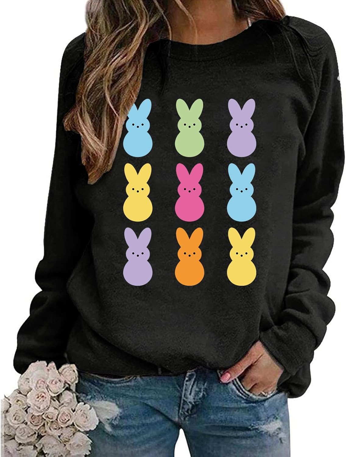 Easter Bunny Women Long Sleeve Cute Rabbit Bunny Graphic Tees Happy Easter Pullover Tops