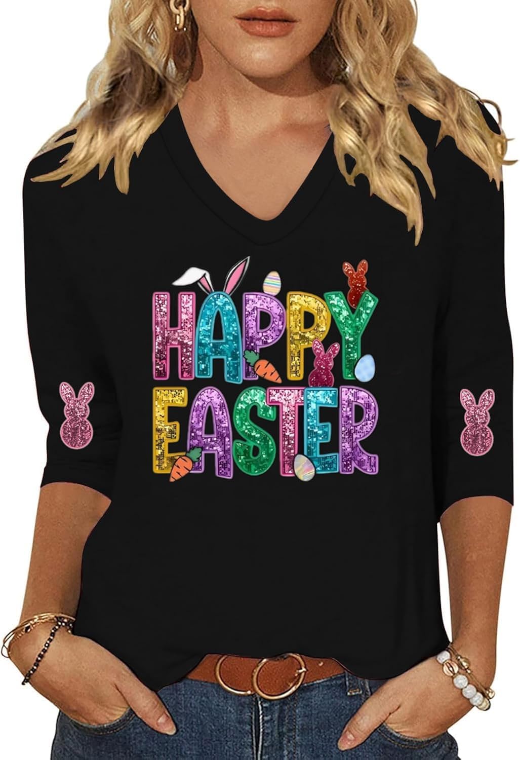 Easter Shirts for Women V Neck Happy Easter T Shirt Easter Bunny 3/4 Sleeve Tees Cute Rabbit Holiday Tees Tops