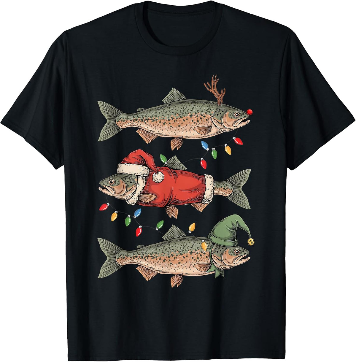 Christmas Fishing Reindeer Santa Elf Funny Xmas Bass Fishing T-Shirt