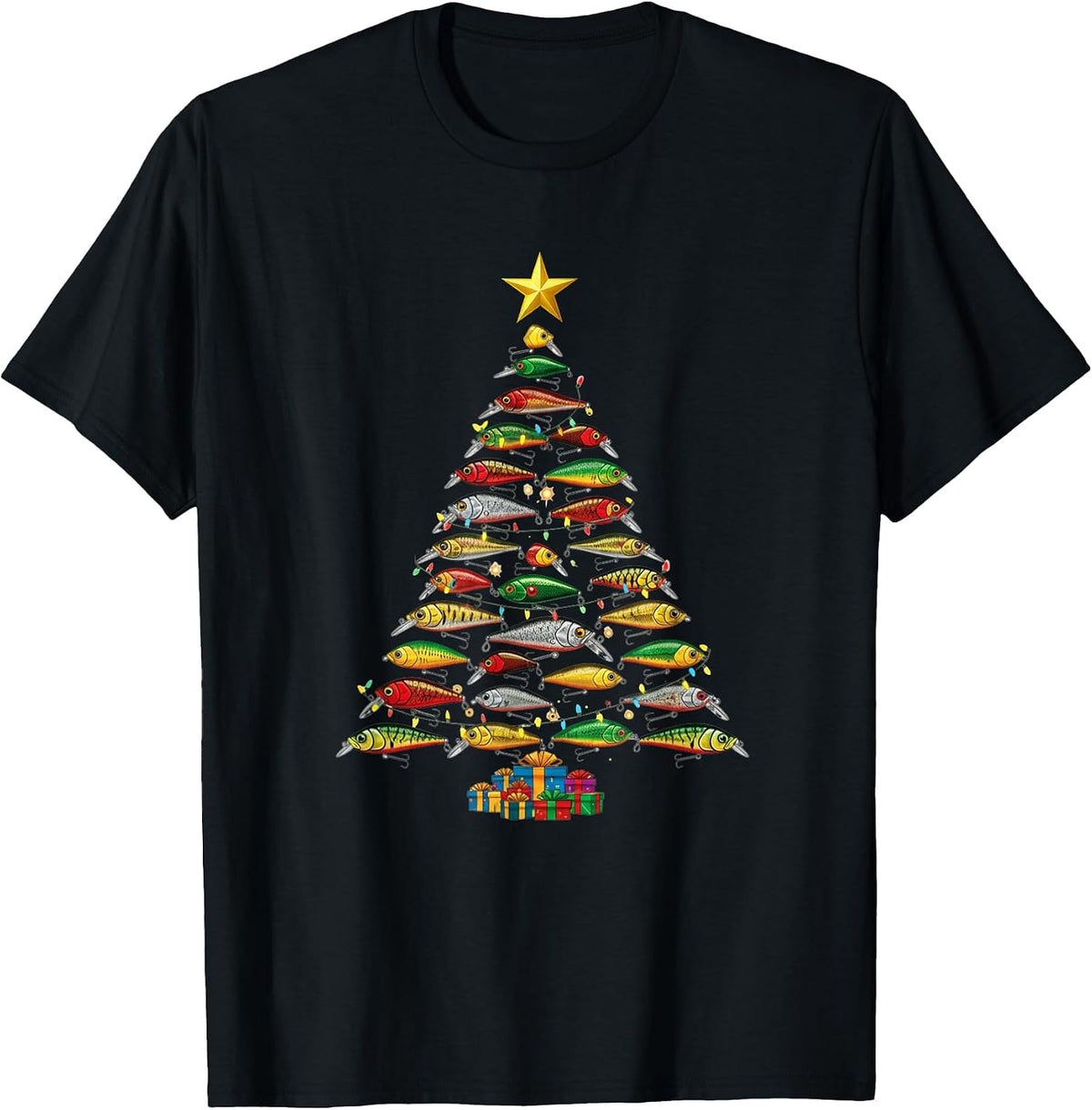 Retro Fishing Lure Christmas Tree Fishermen Fishmas Men Boys T-Shirt